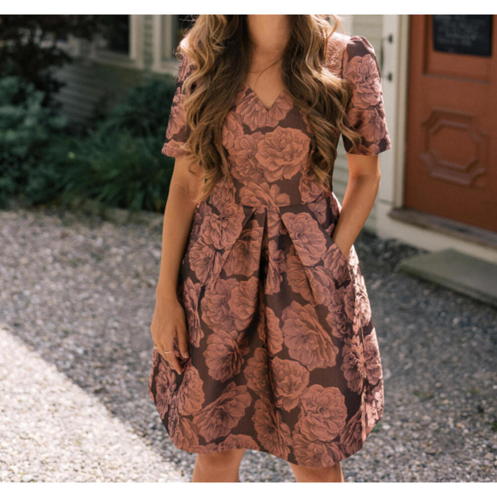 GAL MEETS GLAM brown bronze Ingrid floral shirt sleeve mini dress sz 4P - Picture 1 of 7